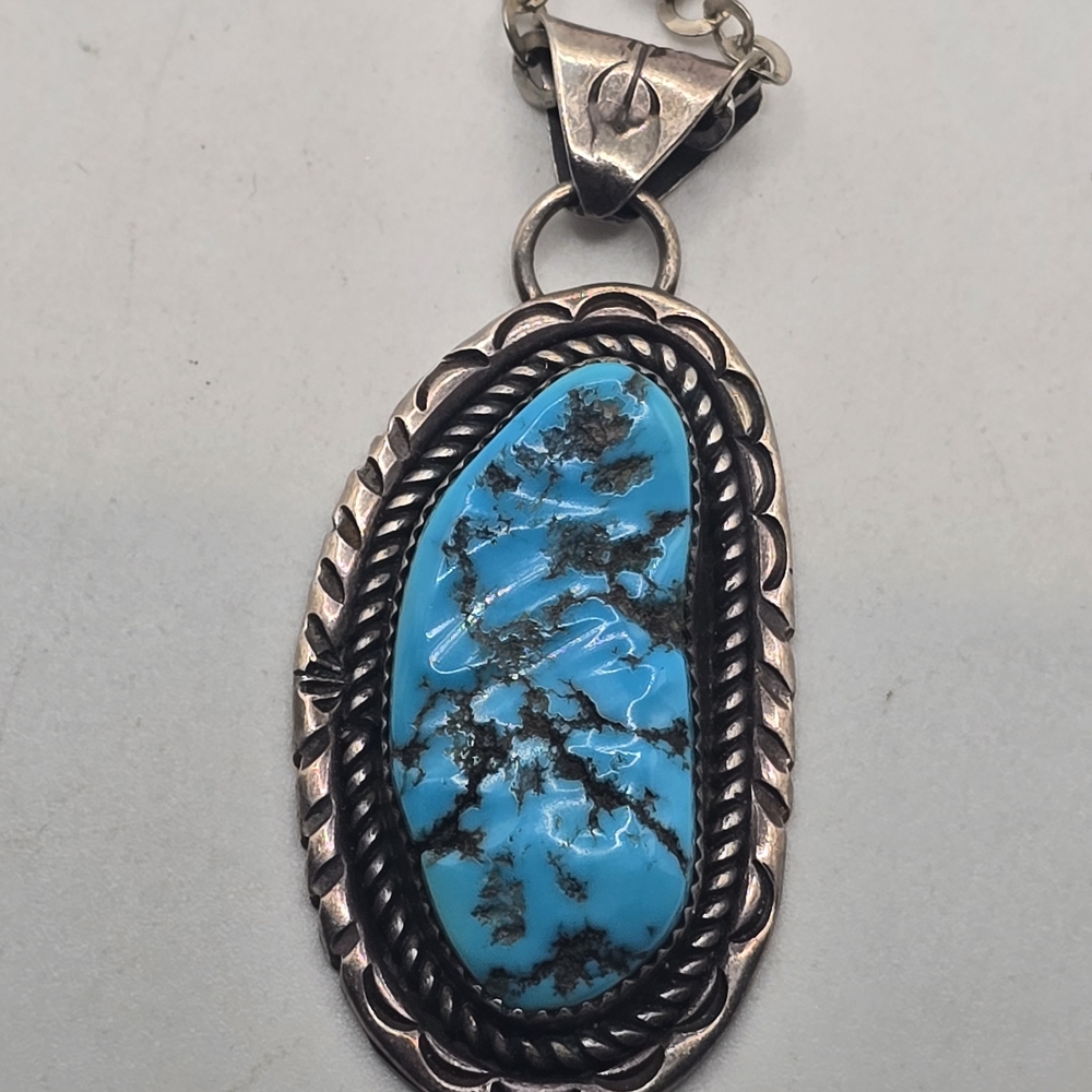 Vintage Native American Sterling Silver Signed Turquoise Pendant Necklace - Picture 3 of 10